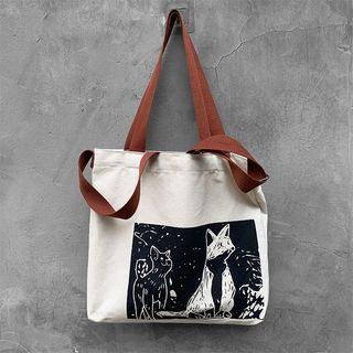Cat Print Canvas Tote Bag With Shoulder Strap - Tote Bag - Cat - One Size