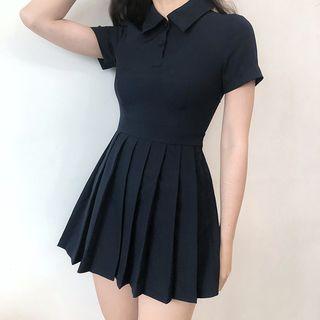 Short-sleeve Mini Pleated A-line Dress