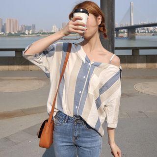 Elbow-sleeve Asymmetrical Striped Blouse