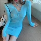 Long Sleeve Lace Up Sheath Knit Dress