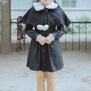 Frill Trim Long-sleeve Dress / Furry Collar Cape