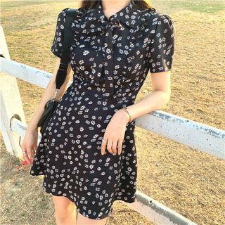 Short Sleeve Floral Printed Mini Dress Black - One Size