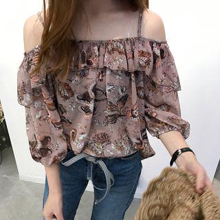 Floral Off-shoulder 3/4-sleeve Chiffon Blouse