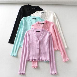 Long Sleeve V-neck Lace-panel Crop Cardigan