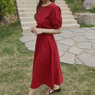 Puff-sleeve Linen Blend A-line Midi Dress
