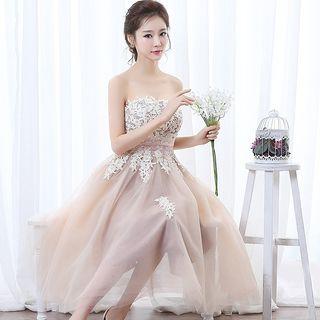 Lace Appliqu  Strapless Midi Prom Dress