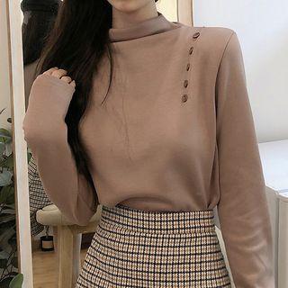 Mock-neck Button-detail Long-sleeve Top