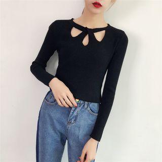 Long-sleeve Cutout Front Plain Knit Top