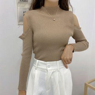 Long-sleeve Off-shoulder Plain Ribbed Slim Fit Knit Top