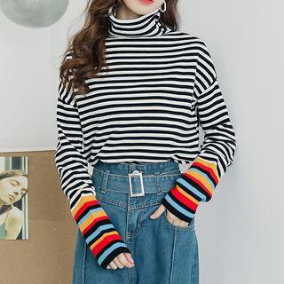Striped Turtleneck Knit Top Stripe - Black & White - One Size