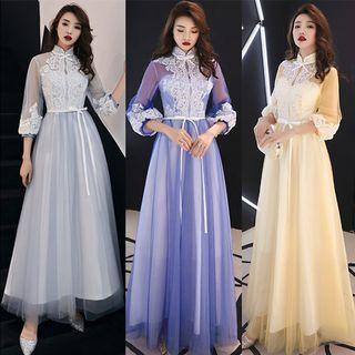 Balloon-sleeve Floral Embroidered A-line Mesh Evening Gown