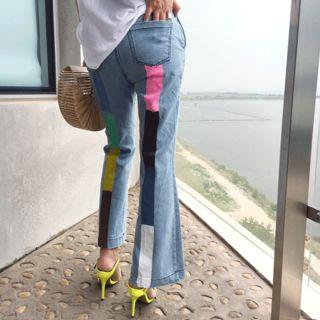 Color-patch Boot-cut Jeans