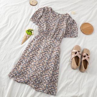 Floral Gathered-waist Short-sleeve Dress Floral - One Size