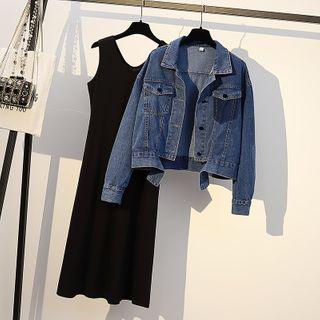 Set: Sleeveless Midi A-line Dress + Button Denim Jacket