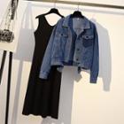 Set: Sleeveless Midi A-line Dress + Button Denim Jacket