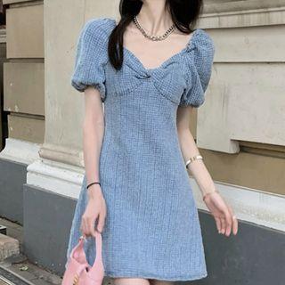 Puff-sleeve Twist-front Denim Mini A-line Dress