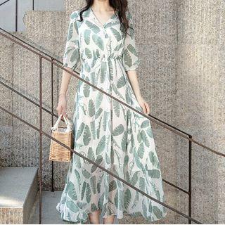 Feather Print Elbow-sleeve Midi A-line Dress