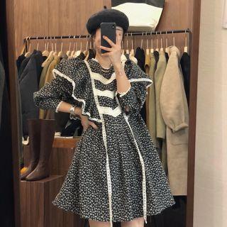 Lace Trim Floral Mini A-line Dress Black & White - One Size