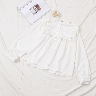 Frilled Trim Long Sleeve Embroidered Blouse White - One Size