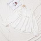 Frilled Trim Long Sleeve Embroidered Blouse White - One Size