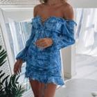 Long-sleeve Print Lace-up Mini Bodycon Dress
