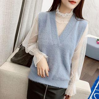 Long-sleeve Mock-neck Dotted Mesh Top