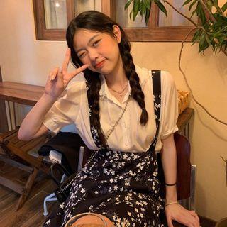 Short-sleeve Shirt / Floral Print Mini A-line Suspender Skirt