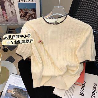 Short-sleeve Contrast Trim Knit Top Off-white - One Size