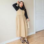 Plus Size Spaghetti-strap Buttoned Midi Pinafore Dress