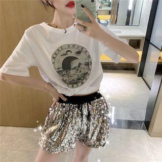 Set Of 2: Short-sleeve T-shirt + Sequined Shorts