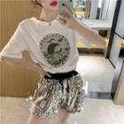 Set Of 2: Short-sleeve T-shirt + Sequined Shorts