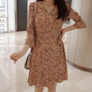 3/4-sleeve Floral Surplice-wrap Dress