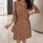 3/4-sleeve Floral Surplice-wrap Dress