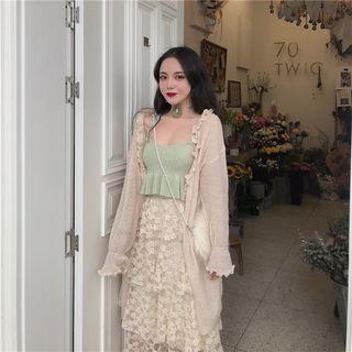 Sleeveless Ruffled Knit Top / Lace A-line Midi Tiered Skirt / Light Jacket
