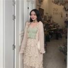 Sleeveless Ruffled Knit Top / Lace A-line Midi Tiered Skirt / Light Jacket