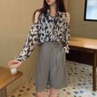 Printed Cold-shoulder Long-sleeve Blouse / High-waist Wide-leg Shorts