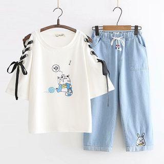 Printed Lace Up Short-sleeve T-shirt / Cropped Jeans / Set