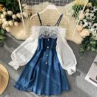 Cold-shoulder Denim Midi A-line Dress