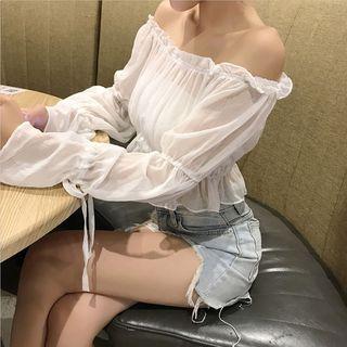 Ruffle Trim Off-shoulder Drawstring Blouse