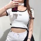 Contrast Trim Letter Embroidered Cropped T-shirt