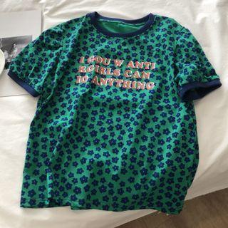 Short-sleeve Lettering Floral Print T-shirt Green - One Size