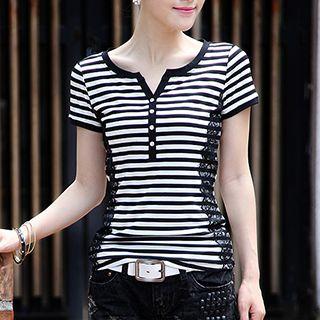 Lace Trim Stripe Short-sleeve T-shirt