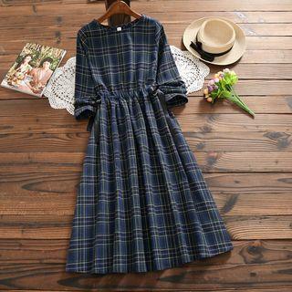 Plaid Long-sleeve Crewneck Drawstring Dress