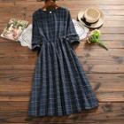 Plaid Long-sleeve Crewneck Drawstring Dress