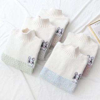 Mouse Embroidered Two-tone Sweater