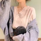 V-neck Eyelet Trim Blouse White - One Size