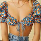 Puff-sleeve Printed Cropped Top