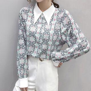Long-sleeve Contrast Collar Print Shirt