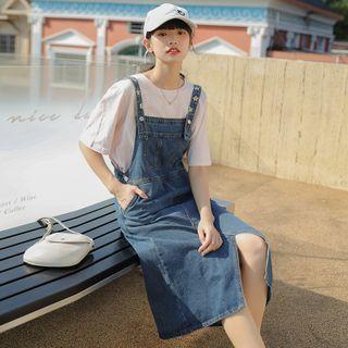 Embroider Floral Washed Denim Split A-line Dress