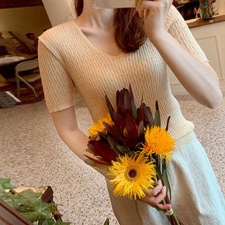 V-neck Linen Blend Cable-knit Top